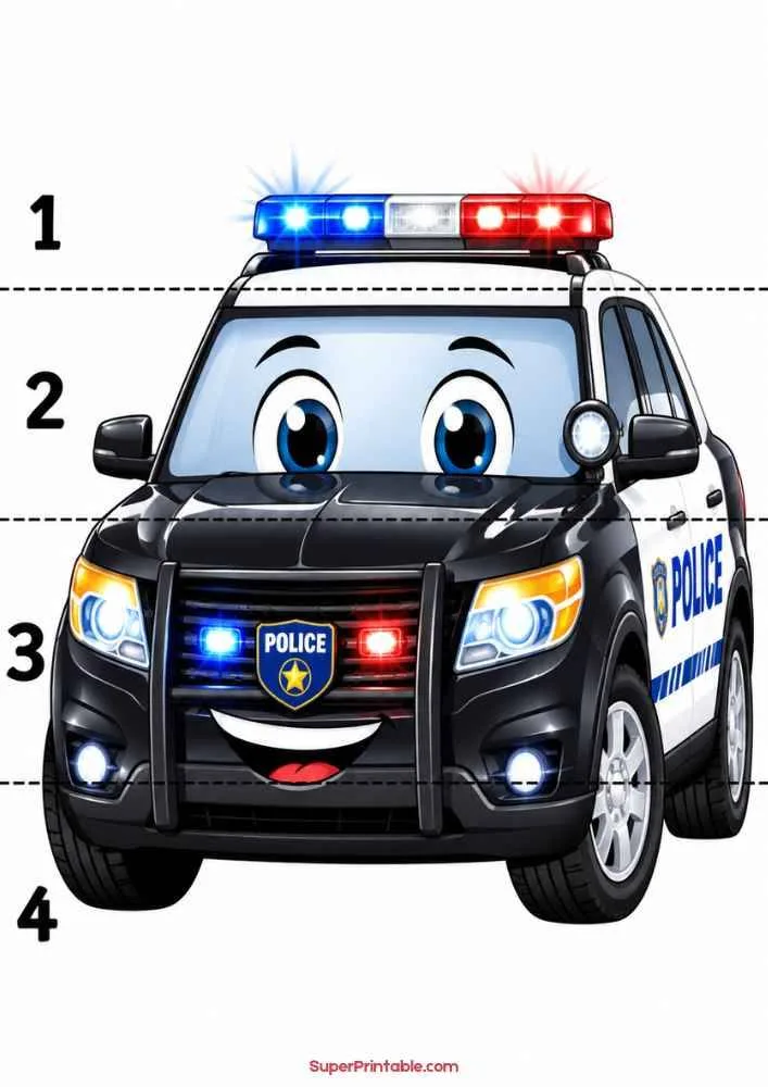 Friendly police car with flashing lights and numbers 1 to 4.