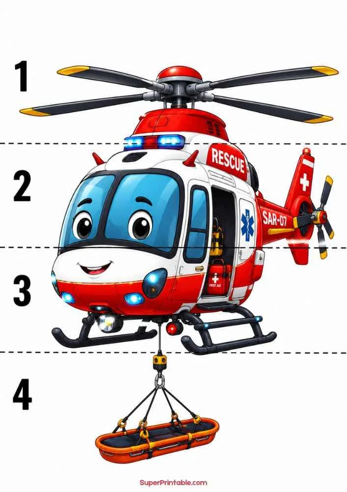 Smiling rescue helicopter with rescue basket and numbers 1 to 4.