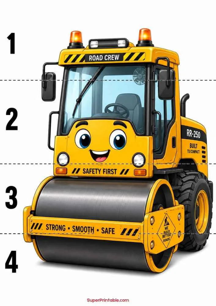 Smiling road roller with a large roller drum and numbers 1 to 4.