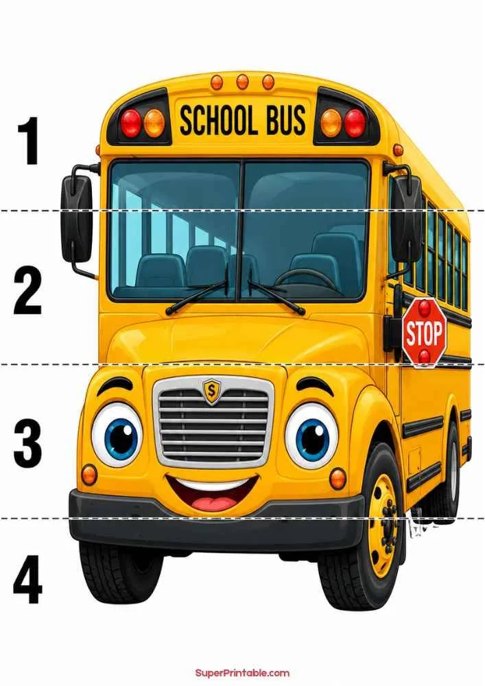 Smiling school bus with stop sign and numbers 1 to 4.
