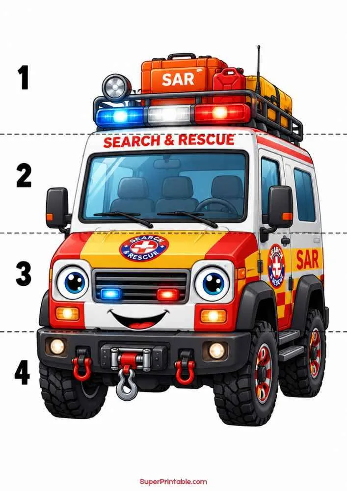 Smiling search and rescue vehicle with rescue lights and numbers 1 to 4.