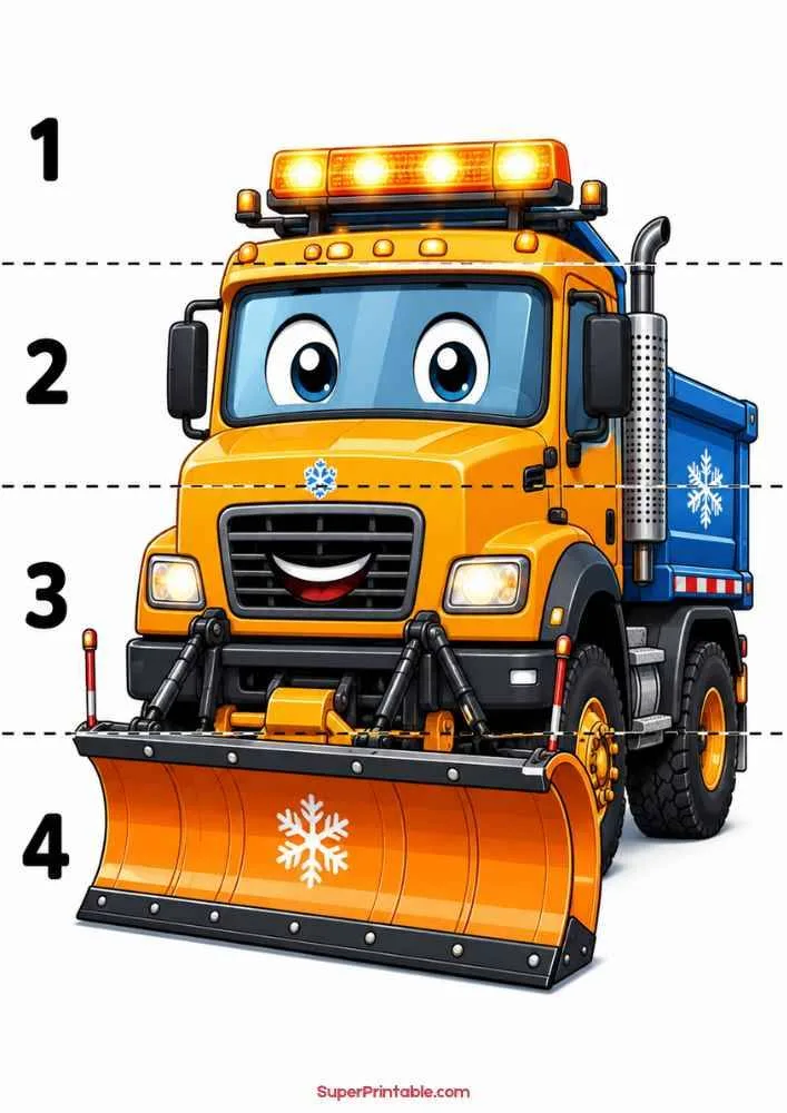 Smiling snow plow truck with large front blade and numbers 1 to 4.