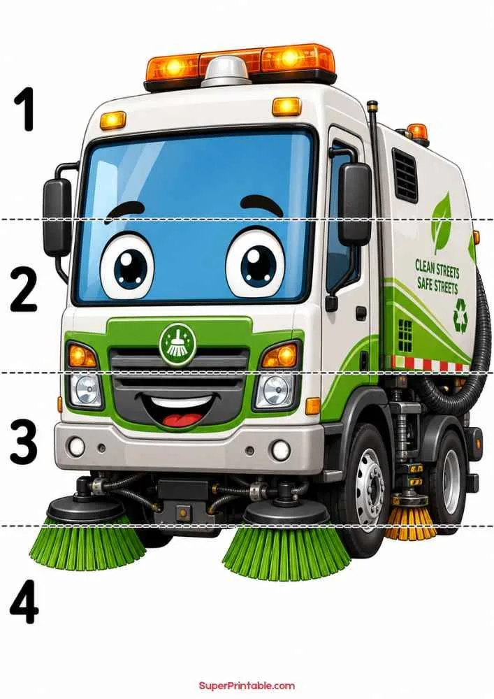 Smiling street sweeper truck with large brushes and numbers 1 to 4.
