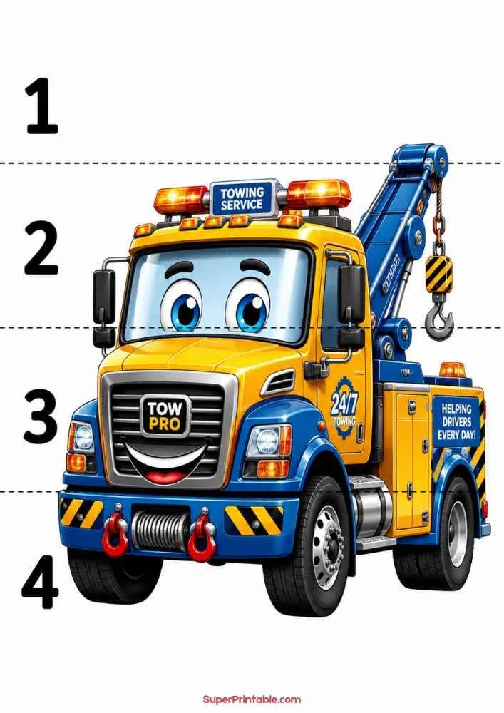 Smiling tow truck with towing hook and numbers 1 to 4.