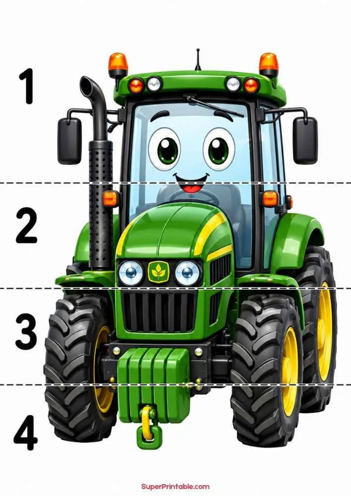 Smiling green tractor with large tires and numbers 1 to 4.