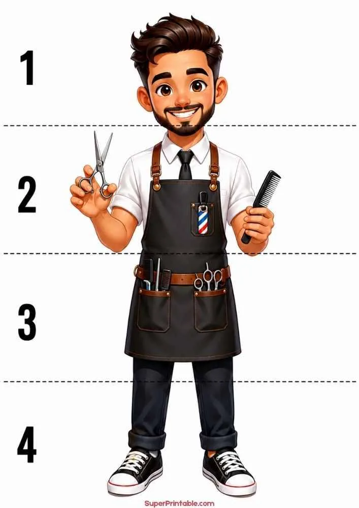 Barber holding scissors and comb with numbered measurement lines beside him.