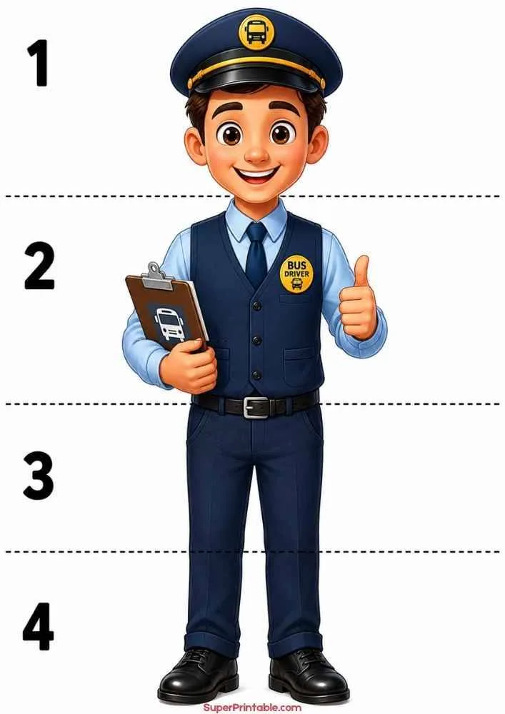 Bus driver in uniform holding a clipboard with numbered measurement lines.