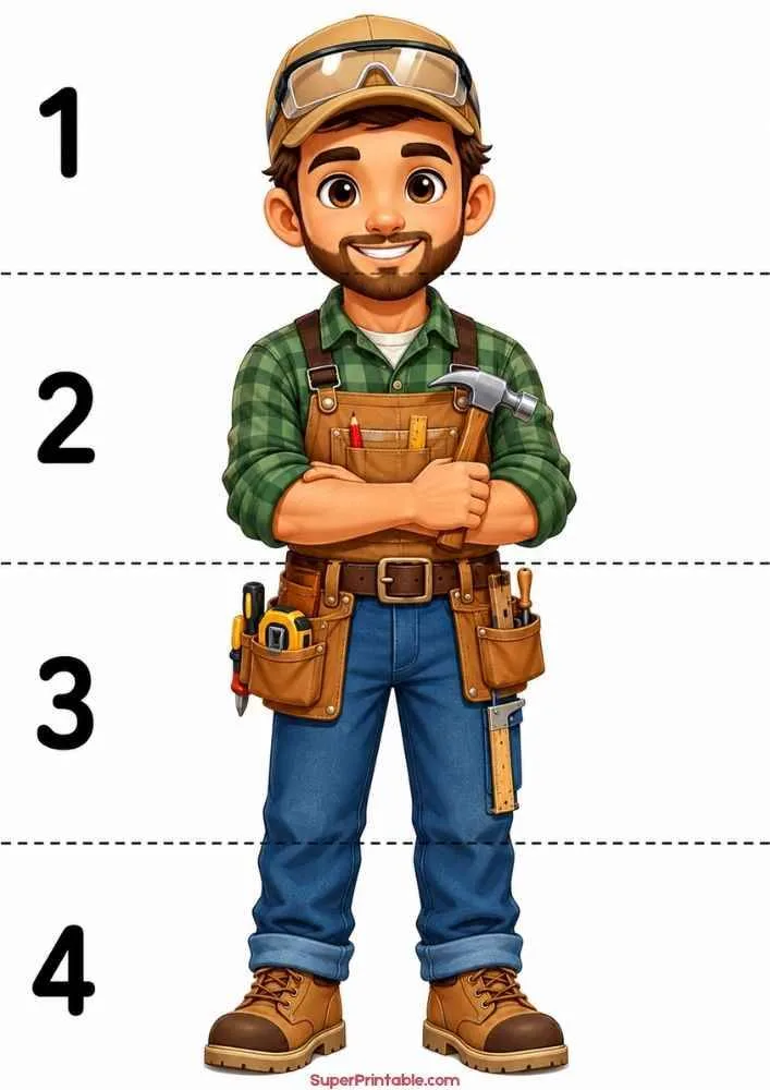 Carpenter holding a hammer with tools on his belt and measurement lines.