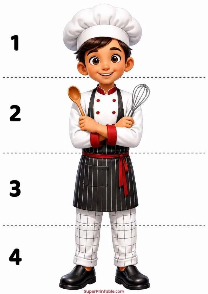 Chef wearing a hat and apron holding a spoon and whisk beside measurement lines.