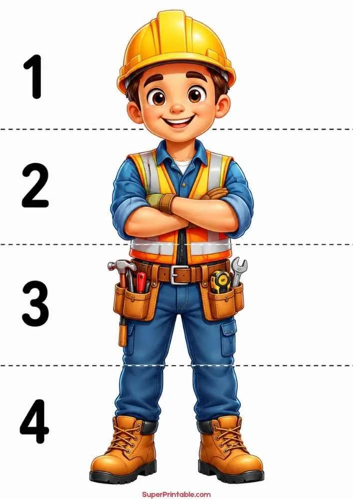 Construction worker in safety gear with tools and numbered measurement lines.
