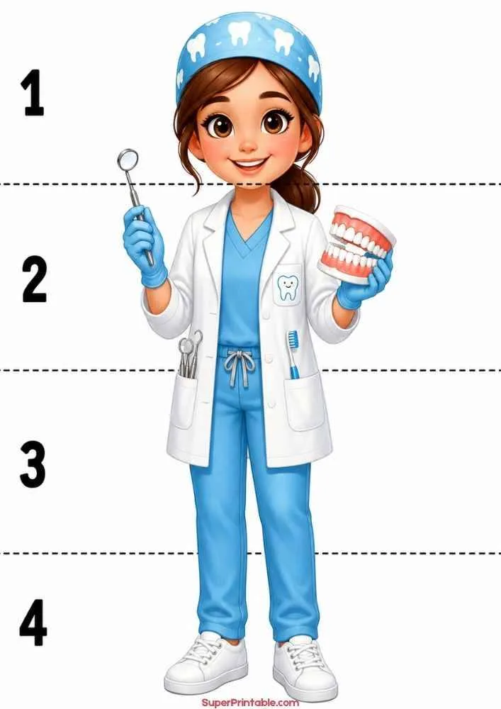 Dentist holding a dental tool and teeth model with measurement lines.