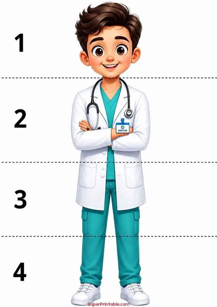 Doctor in a white coat with stethoscope and numbered measurement lines.