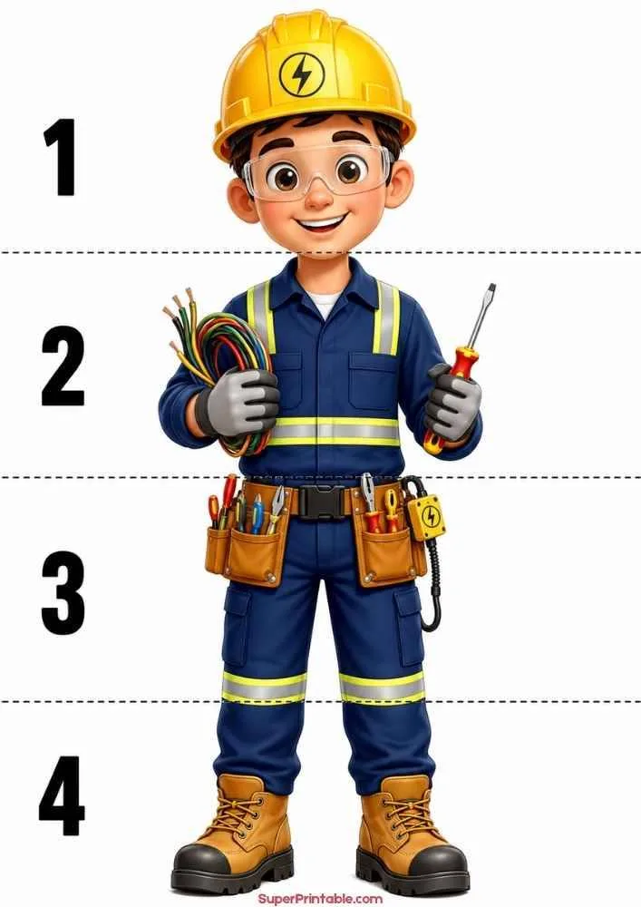 Electrician holding wires and screwdriver with measurement lines beside him.