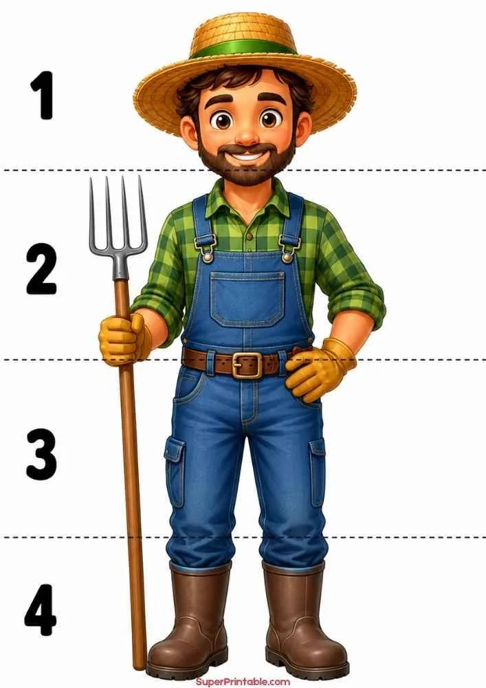 Farmer holding a pitchfork and wearing overalls with measurement lines.