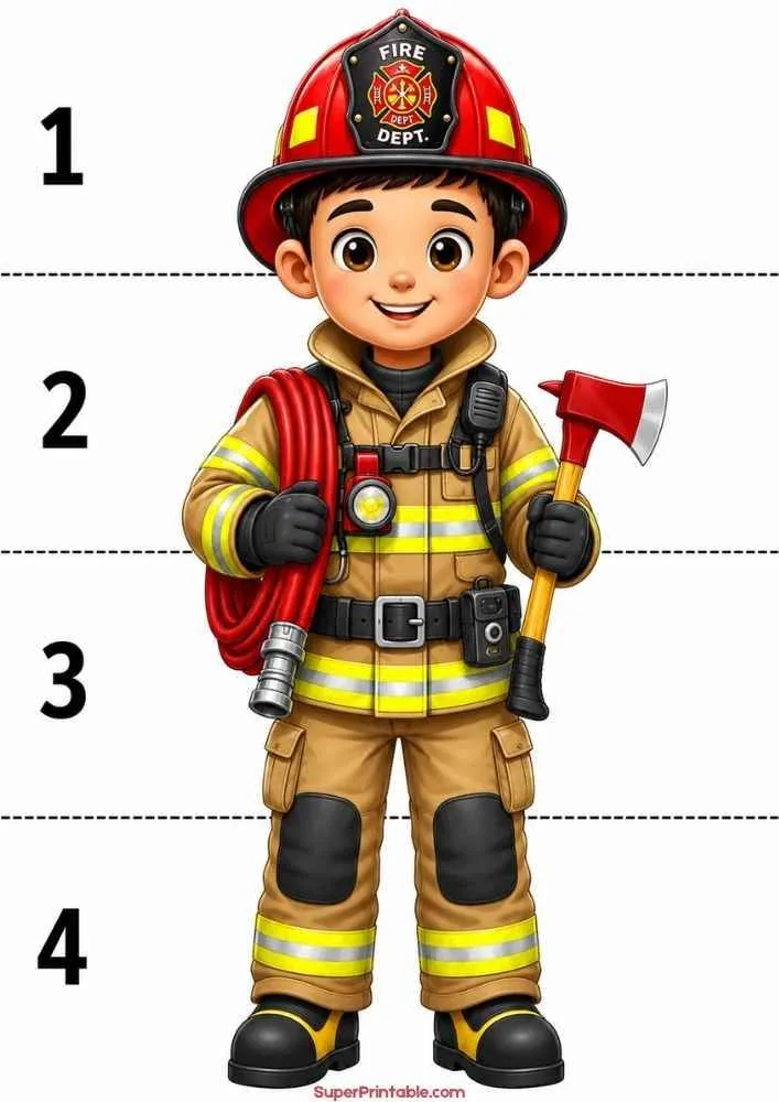 Firefighter with hose and axe standing beside numbered measurement lines.