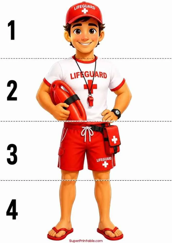 Lifeguard holding a rescue float with numbered measurement lines.