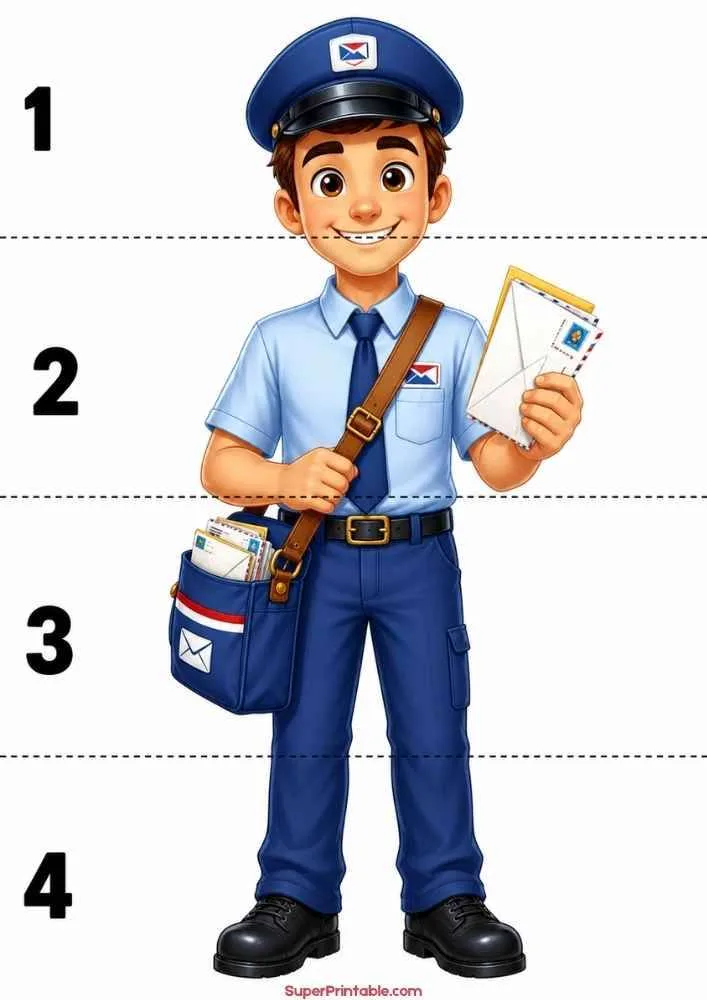Mail carrier holding letters and a mail bag with measurement lines.