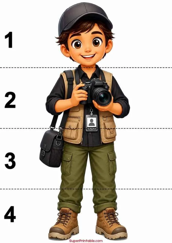 Photographer holding a camera with a bag and numbered measurement lines.