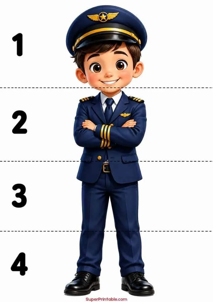 Pilot in uniform standing beside numbered measurement lines.