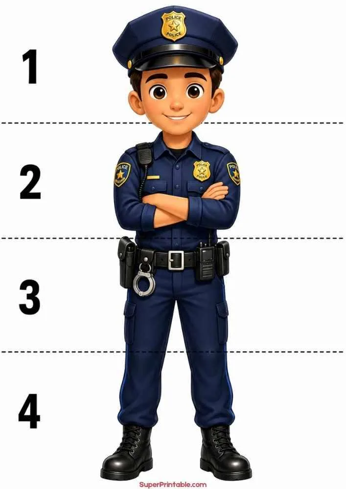 Police officer in uniform standing beside numbered measurement lines.