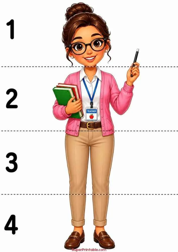 Teacher holding books and a pointer beside numbered measurement lines.