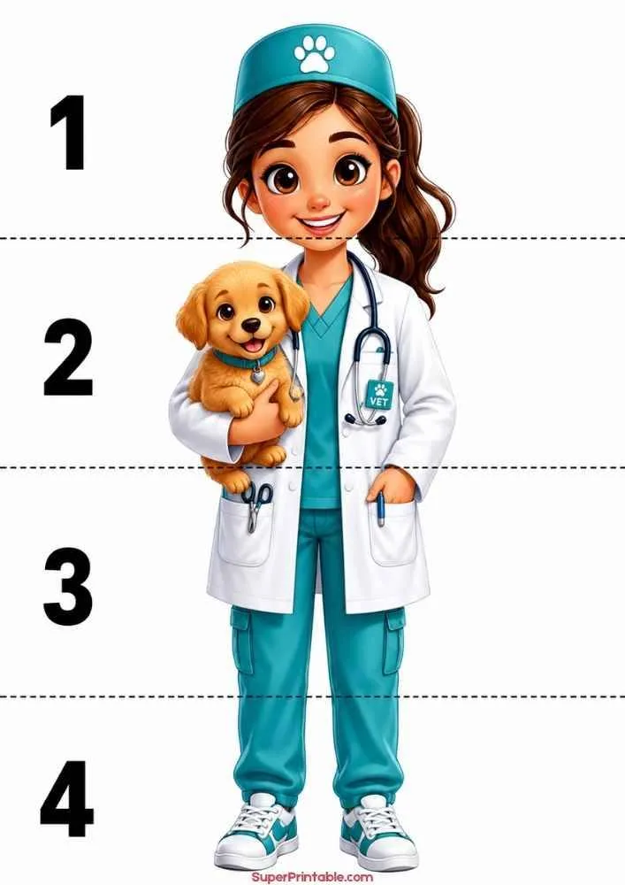 Veterinarian holding a puppy with numbered measurement lines beside her.