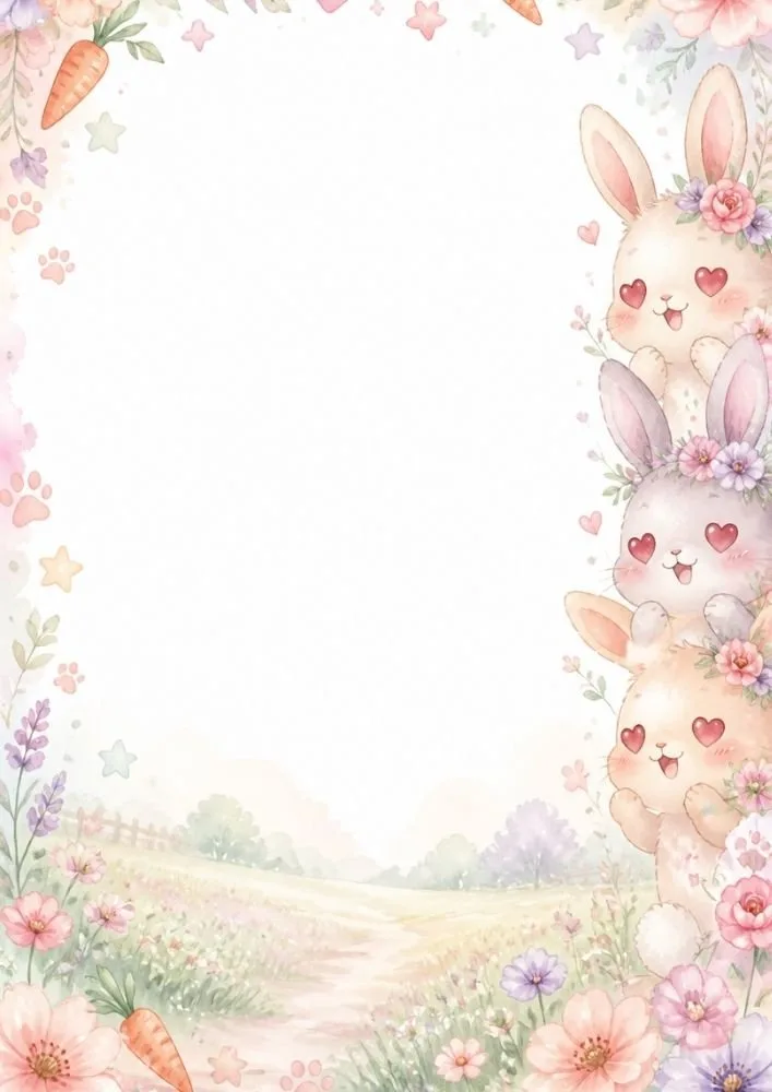 Three bunnies with heart-shaped eyes peek from the right side of a floral border. Flowers, carrots, stars, paw prints, and a garden path decorate the page around a large blank center.