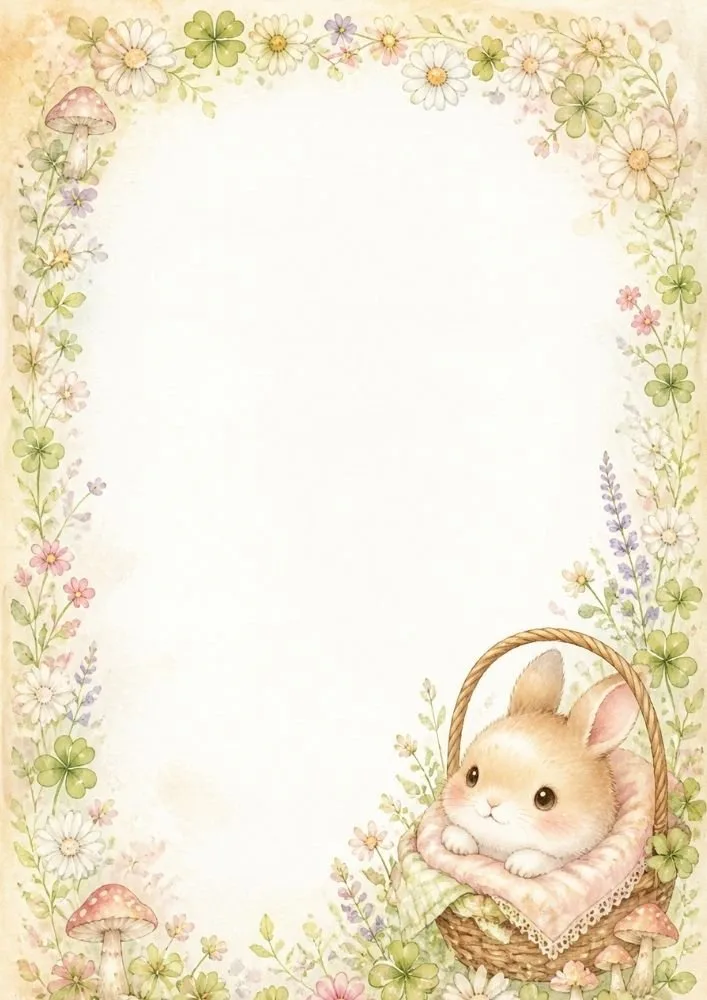 A bunny resting in a basket appears at the bottom right. Flowers, clovers, mushrooms, and leafy vines form a decorative border around a blank center.