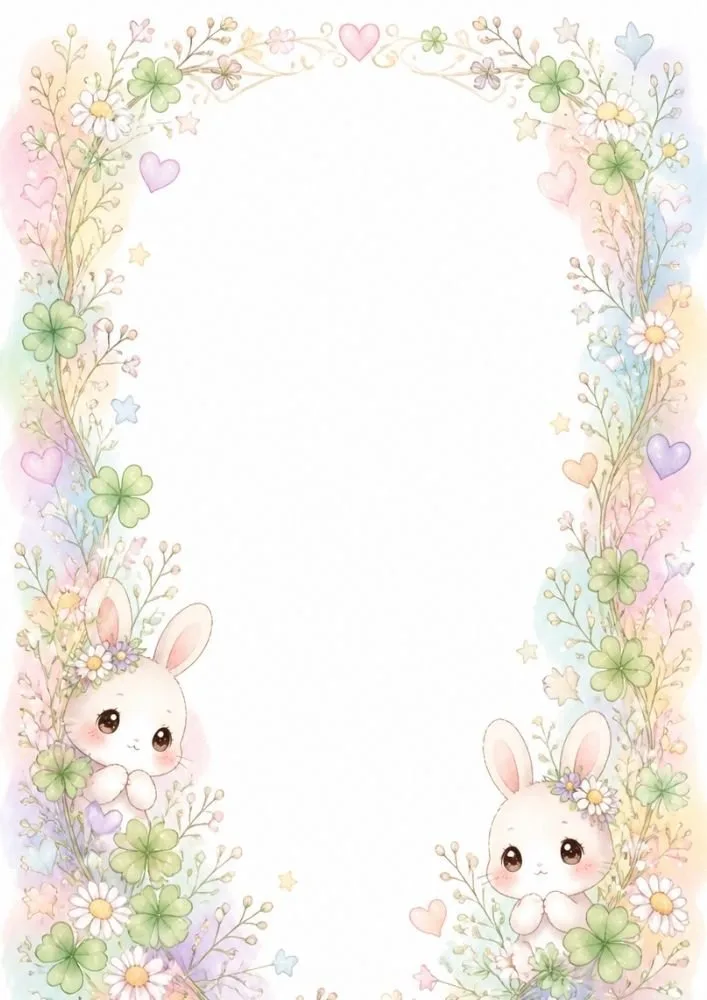 Two small bunnies appear near the bottom corners. Pastel flowers, clovers, hearts, and stars create a decorative frame around a large blank center area.