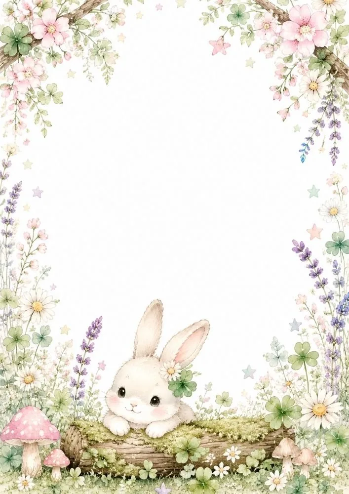 A bunny lies on a mossy log near the bottom center. Flowers, clovers, mushrooms, and flowering branches frame a large blank center area.