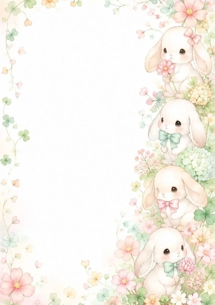 Four bunnies stacked along the right side of the page. Flowers, clovers, bows, and pastel blossoms decorate the border around a large blank center.