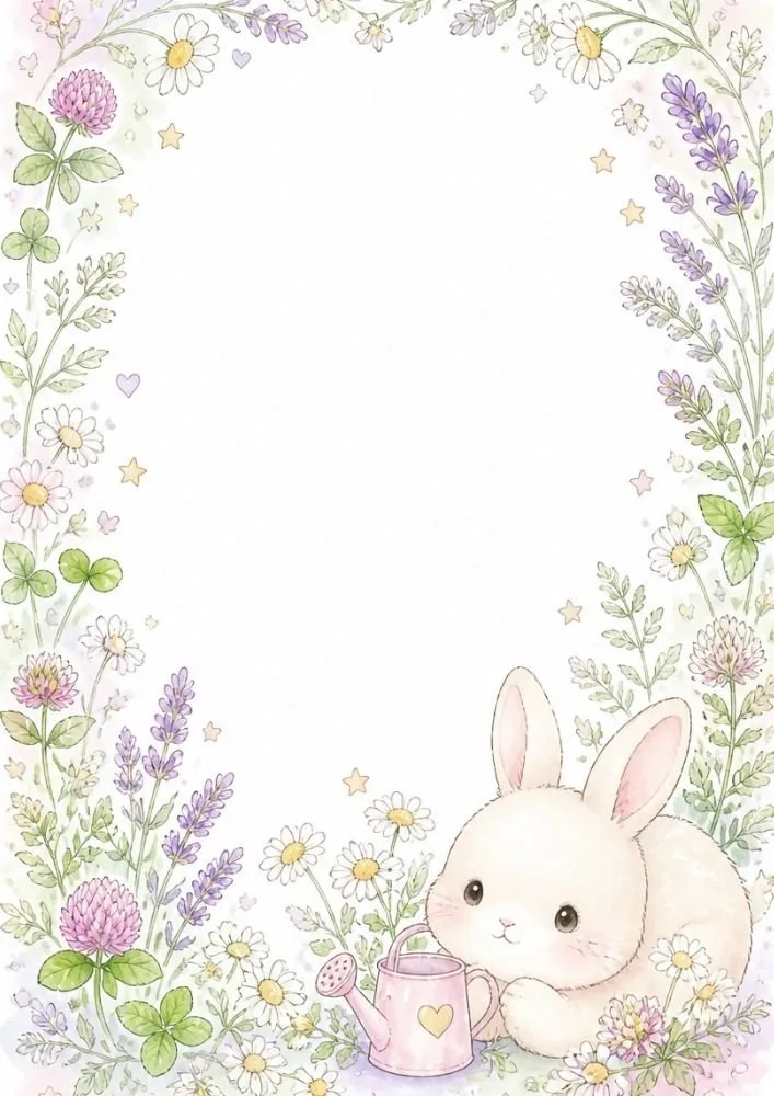 A bunny lies beside a pink watering can at the bottom right. Daisies, clovers, lavender, and flowers create a border around a large blank center.