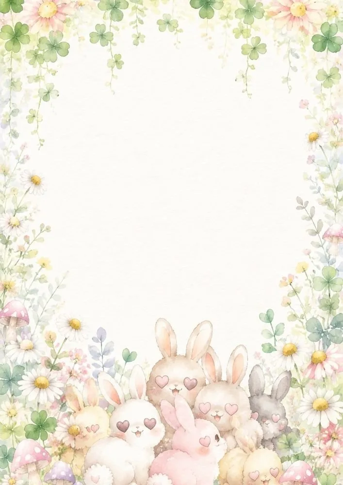 Several bunnies with heart-shaped eyes sit together at the bottom of the page. Flowers, clovers, daisies, and mushrooms surround a large blank center area.