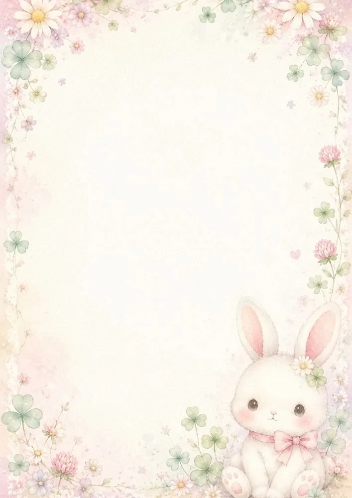 A small bunny with a pink bow sits at the bottom right corner. Clover leaves, daisies, and delicate flowers form a border around a large blank center space.