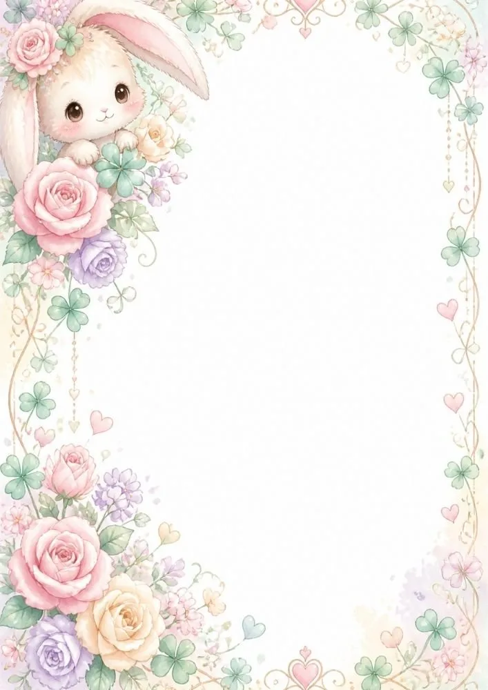 A bunny surrounded by pink and cream roses appears in the upper left corner. Floral vines, clovers, hearts, and decorative borders frame a large blank center.
