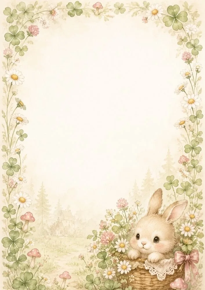 A bunny in a basket sits at the bottom right corner. Clover leaves, daisies, mushrooms, and a soft meadow background surround a large blank center area.