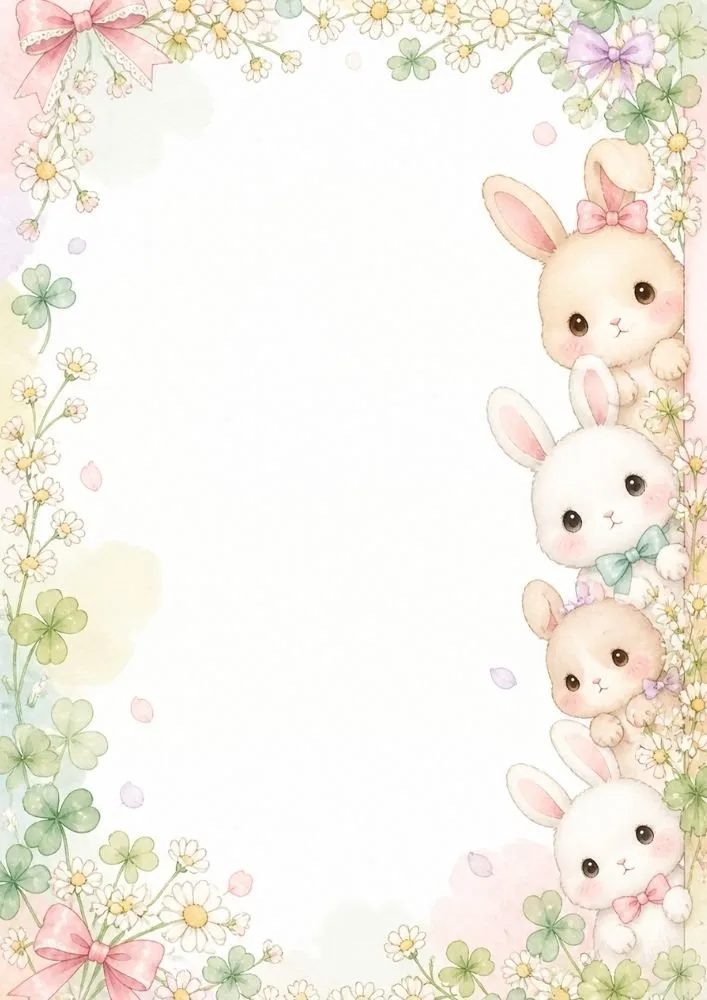 Four bunnies peek from the right side of the page. Floral decorations, clovers, bows, and daisies form a border around a large blank center space.