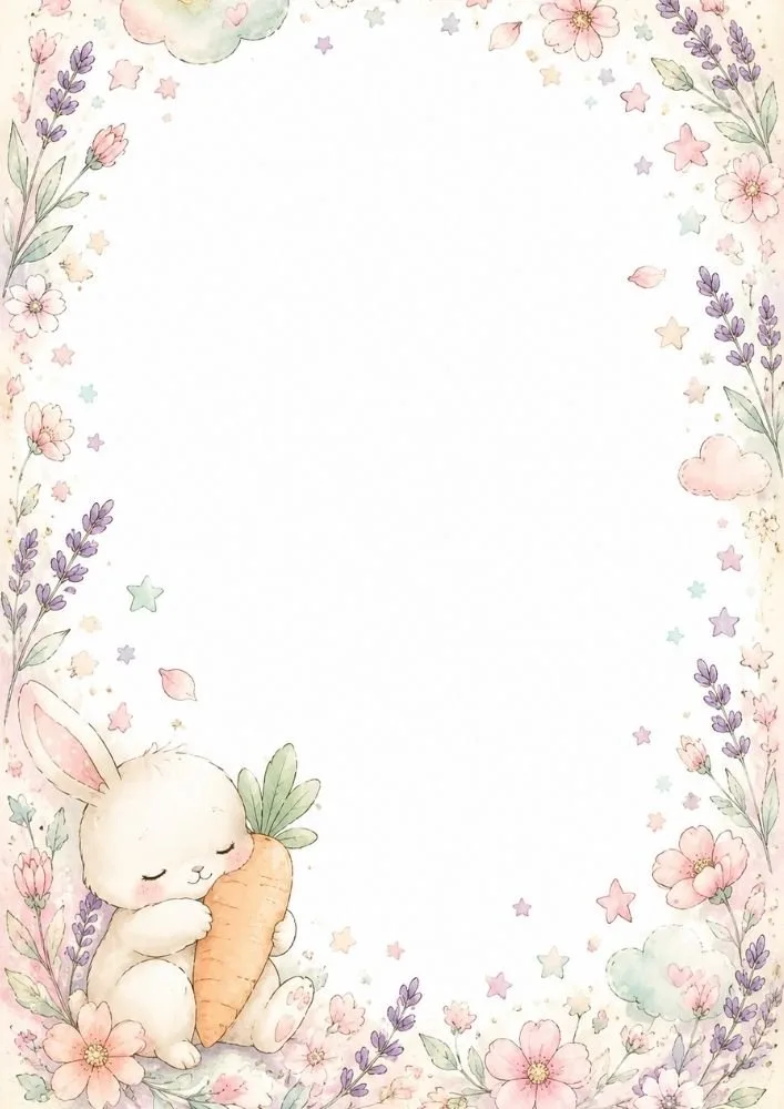 A sleeping bunny hugs a carrot at the bottom left corner. Flowers, lavender, stars, clouds, and pastel decorations frame a large blank center.