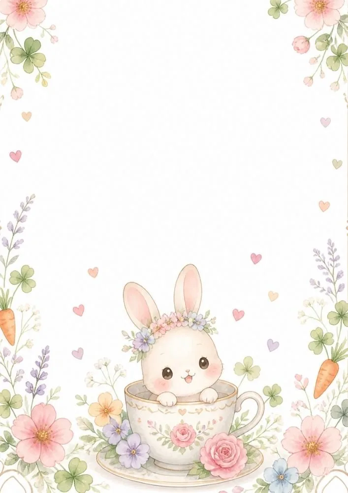 A bunny wearing a flower crown sits inside a floral teacup at the bottom center. Flowers, clovers, hearts, and carrots decorate the border around a blank center.