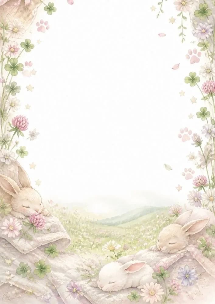 Three sleeping bunnies rest on blankets near the bottom of the page. Flowers, clovers, paw prints, and rolling hills surround a large blank center.