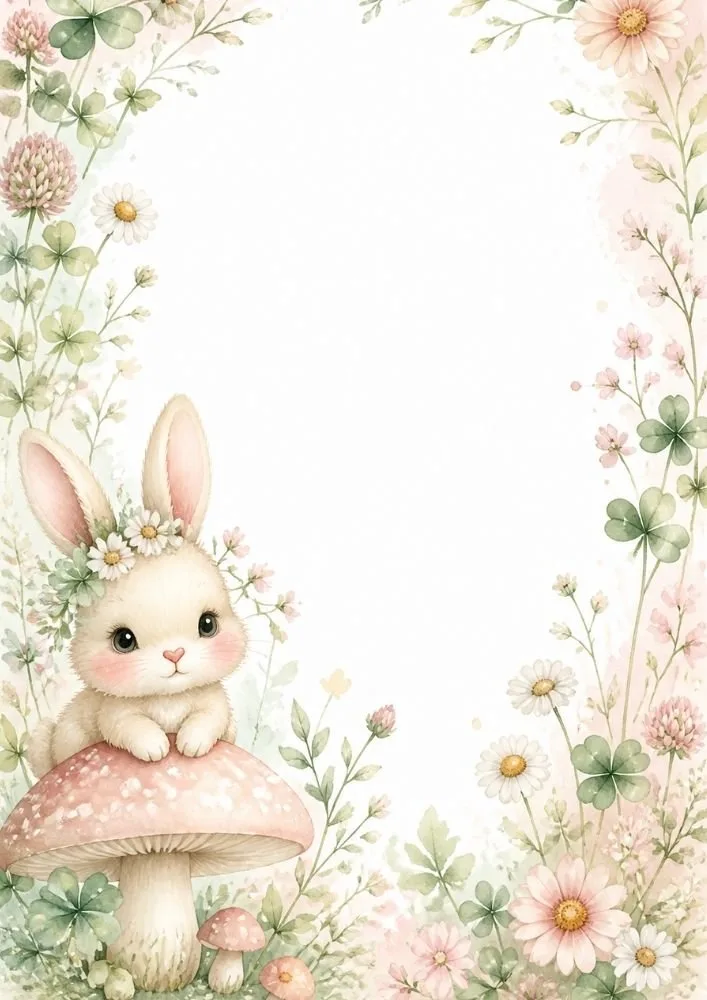 A bunny with a flower crown sits on a large mushroom at the bottom left. Wildflowers, clovers, and smaller mushrooms frame a large blank center.