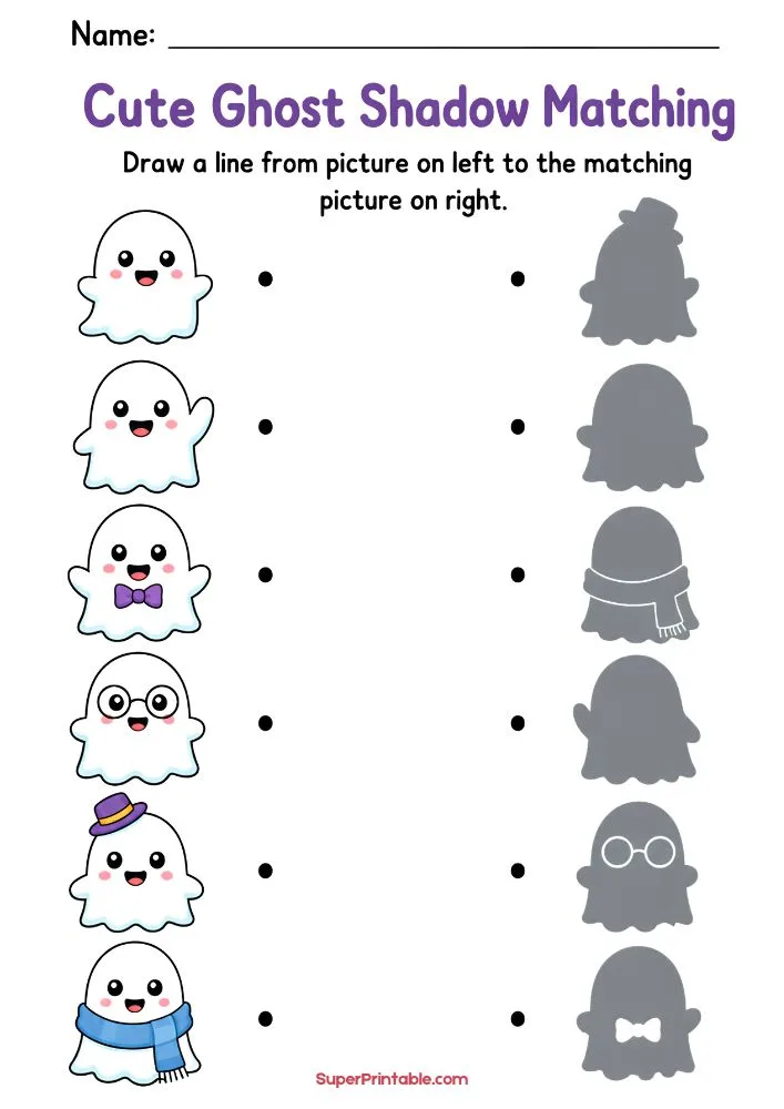 Shadow matching worksheet with six cute ghosts and their matching shadows featuring different accessories.