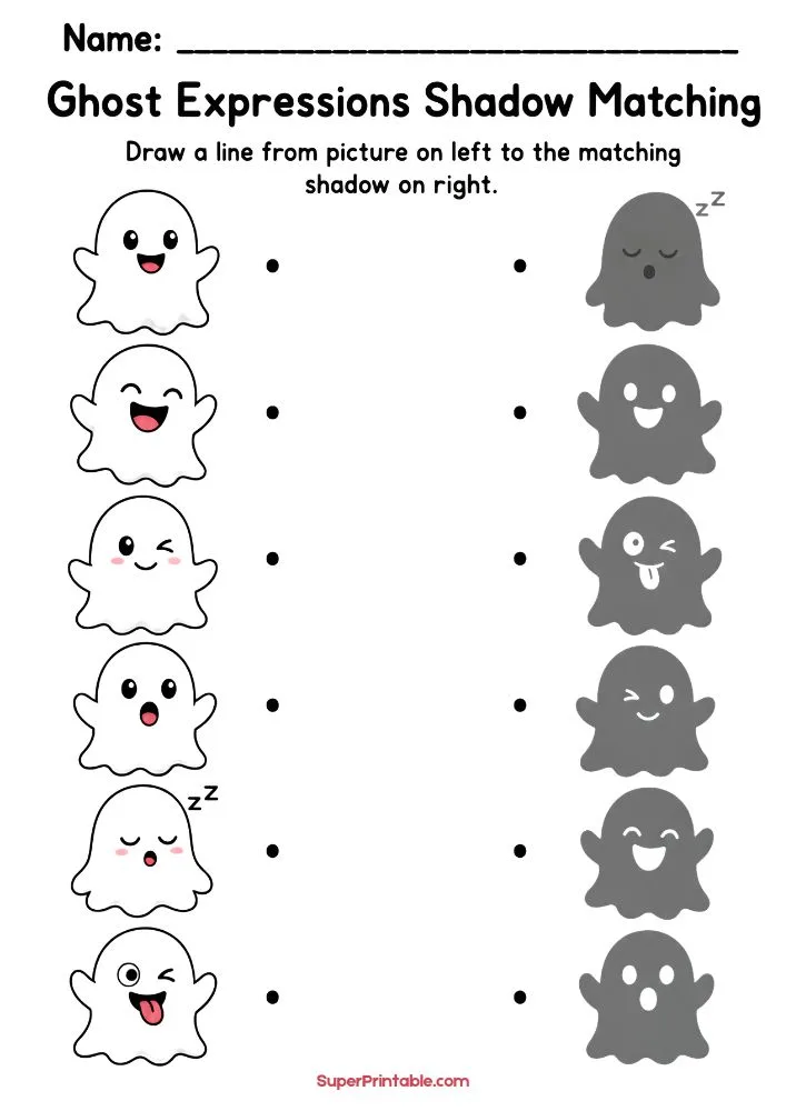 Shadow matching worksheet with cute ghosts showing different facial expressions and matching shadow faces.