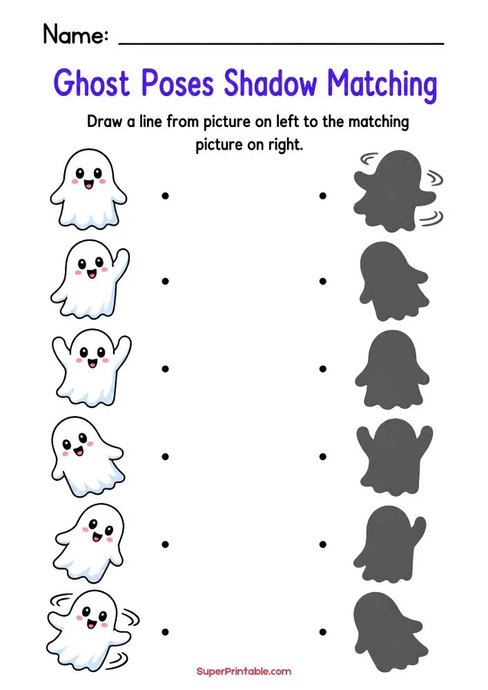 Shadow matching worksheet with cute ghosts in various poses and their corresponding shadow silhouettes.