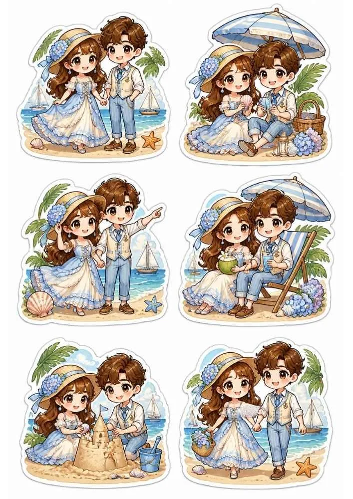 Six beach-themed stickers with a young couple, umbrellas, sailboats, seashells, and sandcastles.