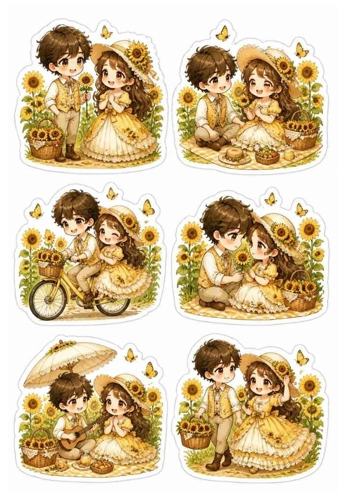 Six sunflower-themed stickers with a young couple, bicycle, picnic, guitar, butterflies, and flowers.