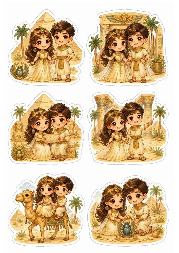 Six Egyptian-themed stickers with a prince, princess, pyramids, camel, temple, and ancient artifacts.