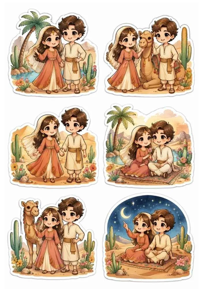 Six desert-themed stickers with a couple, camel, palm trees, flowers, and moonlit scenery.