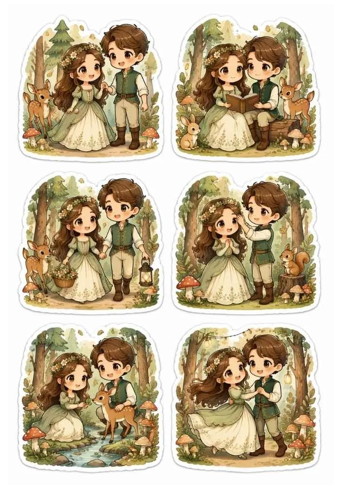 Six forest-themed stickers with a couple, deer, rabbit, squirrel, lantern, and woodland scenery.