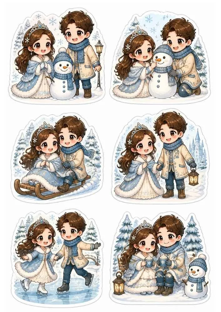 Six winter-themed stickers with a couple, snowman, sled, ice skates, lantern, and snowy trees.